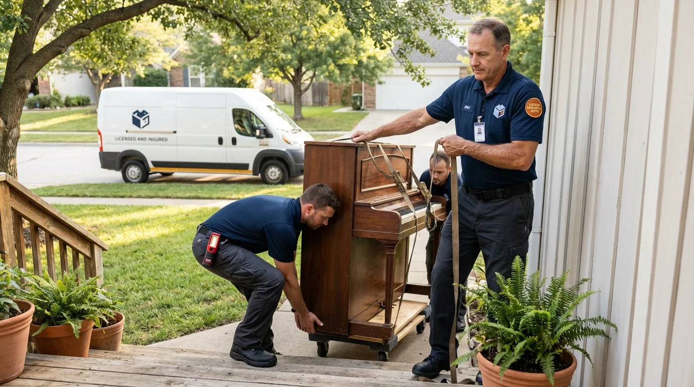 Licensed piano movers securing grand piano in Challis, ID