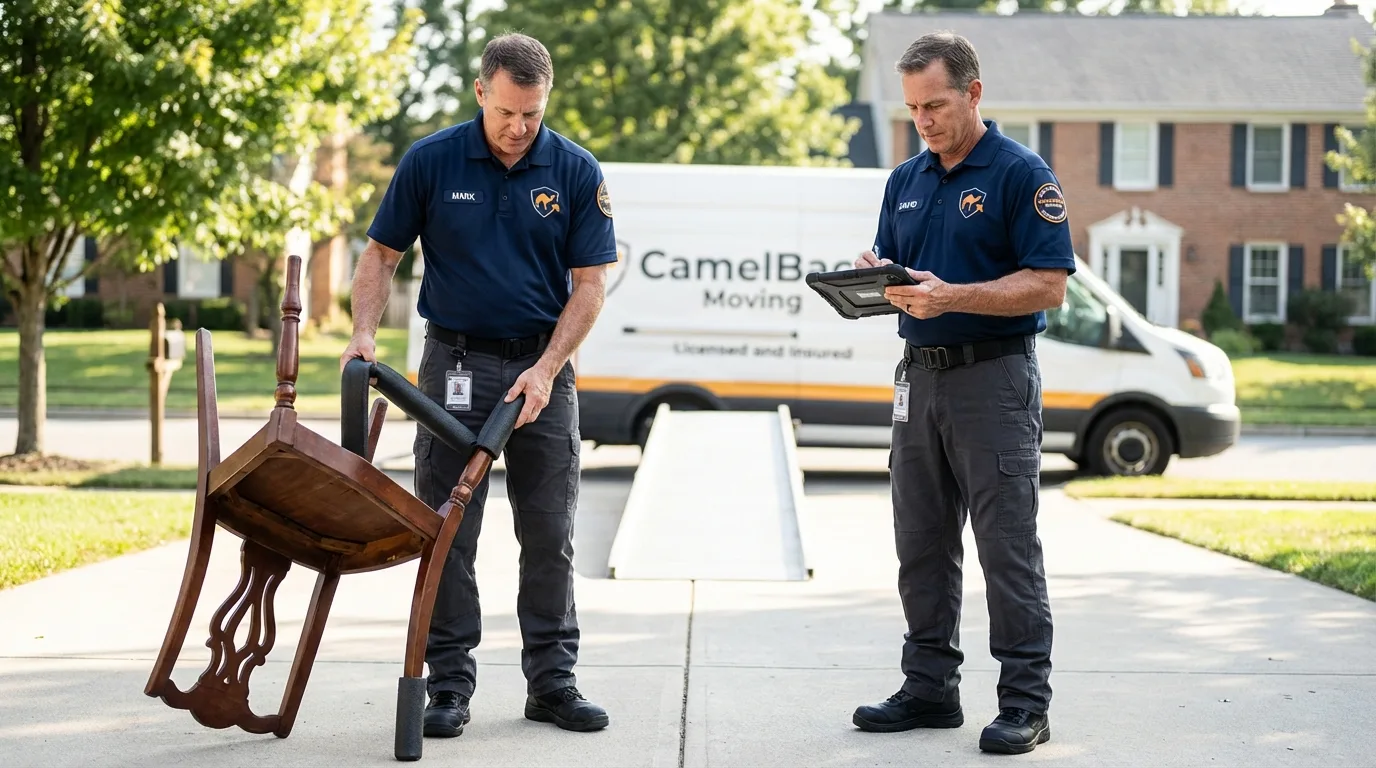 Movers inspecting furniture for damage prevention before loading in Challis, ID