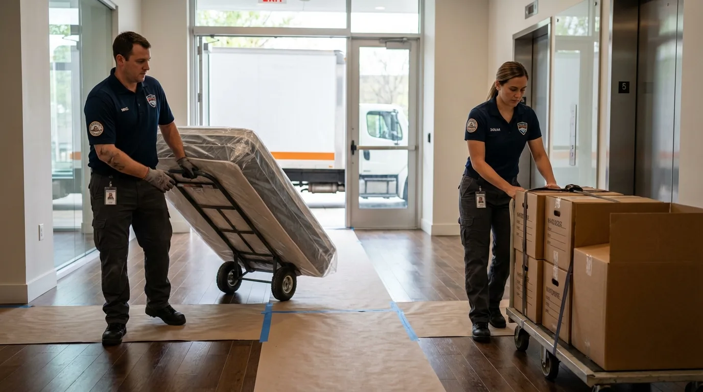 Professional apartment movers loading elevator in Challis, ID